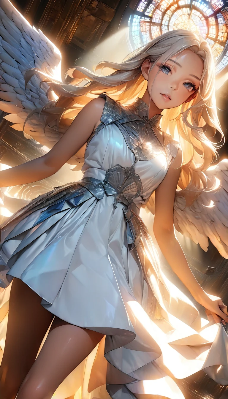 ((Beautiful angel:1.2, Angel Wings:1.2)), Beautiful appearance, Curvaceous woman, Long Hair, Shiny Hair, Beautiful Skin, Eye details, Eyes that hold light, Detailed face and eyes, Glossy Lips, Glorious Spirit, White sheer outfit, god々Wearing a bright light, Light pouring down, Stained Glass and Fine Carvings Background, Delicate and beautiful CG art, (Dynamic Angle, Dynamic Lighting), (Highest quality:1.2, 4K, 8K, Very detailed, High detail, masterpiece:1.2, Best aesthetics),