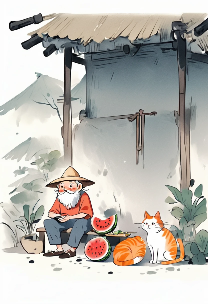 Cartoon Chinese style,An old man wearing a straw hat sits under a thatched hut eating watermelon,and next to an orange cat sits beside him,Features of the comic style,rough drawing,colorful cartoon illustrations,Simple lines,flat coloring,and Chinese-style cartoon characters,flat painting style,lots of white space,clean solid color background,minimalist background,a small amount of content,huge void,mostly empty,very little percentage,a very small proportion,very small content,very large empty space,breathable space, Artistic ink painting,Three-dimensional ink painting,Minimalist graphics,Minimal Art,Clean background,ancient white space,White Space,large white space,Texture Matte,Low saturation,Minimalist composition,Master composition,A person far away,cantered,white background,negative space,simple tattoo,line art,simple drawing,landscape,stylized,(((Lots of white space:1.5))),(Lots of white space:1.6),simple,Minimalism,abstract,Freehand,Aesthetic,unsaturated picture,asymmetric picture,a small object in a vast empty space,minimalist scene with a tiny subject in the center,centered small subject with large white space around it,(((small focal point))),(((minimal objects))),(((tiny subject))),no detailed backgrounds,(((empty space))),simple composition,avoiding clutter,no large elements,(((minimalist))),lack of intricate details,wide empty space,sparse,dominant blank space,simple scene,(((less busy))),(((without detailed objects))),(((no complex backgrounds))),