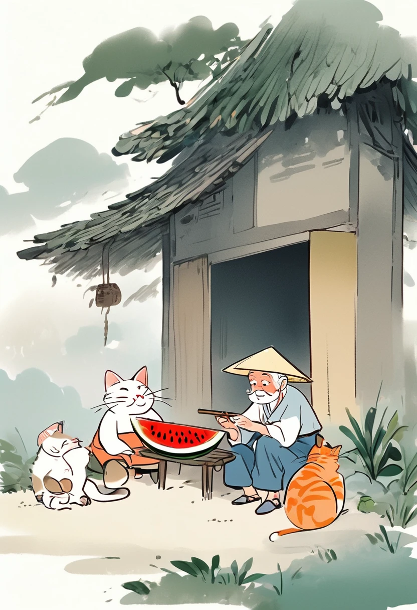 Cartoon Chinese style,An old man wearing a straw hat sits under a thatched hut eating watermelon,and next to an orange cat sits beside him,Features of the comic style,rough drawing,colorful cartoon illustrations,Simple lines,flat coloring,and Chinese-style cartoon characters,flat painting style,lots of white space,clean solid color background,minimalist background,a small amount of content,huge void,mostly empty,very little percentage,a very small proportion,very small content,very large empty space,breathable space, Artistic ink painting,Three-dimensional ink painting,Minimalist graphics,Minimal Art,Clean background,ancient white space,White Space,large white space,Texture Matte,Low saturation,Minimalist composition,Master composition,A person far away,cantered,white background,negative space,simple tattoo,line art,simple drawing,landscape,stylized,(((Lots of white space:1.5))),(Lots of white space:1.6),simple,Minimalism,abstract,Freehand,Aesthetic,unsaturated picture,asymmetric picture,a small object in a vast empty space,minimalist scene with a tiny subject in the center,centered small subject with large white space around it,(((small focal point))),(((minimal objects))),(((tiny subject))),no detailed backgrounds,(((empty space))),simple composition,avoiding clutter,no large elements,(((minimalist))),lack of intricate details,wide empty space,sparse,dominant blank space,simple scene,(((less busy))),(((without detailed objects))),(((no complex backgrounds))),