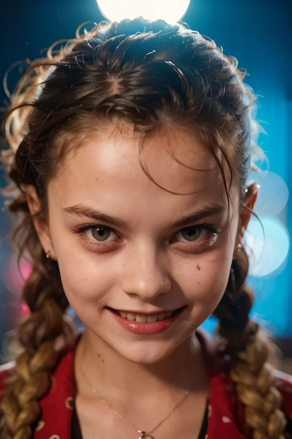 Hyper realistic super detailed , Young girl, , Very detailed, (hyper realistic: 1.4), in dynamic pose, ((psycho face, smiling)), twin braids. ((Grunge Neon grafitti background, cinematic lighting)).