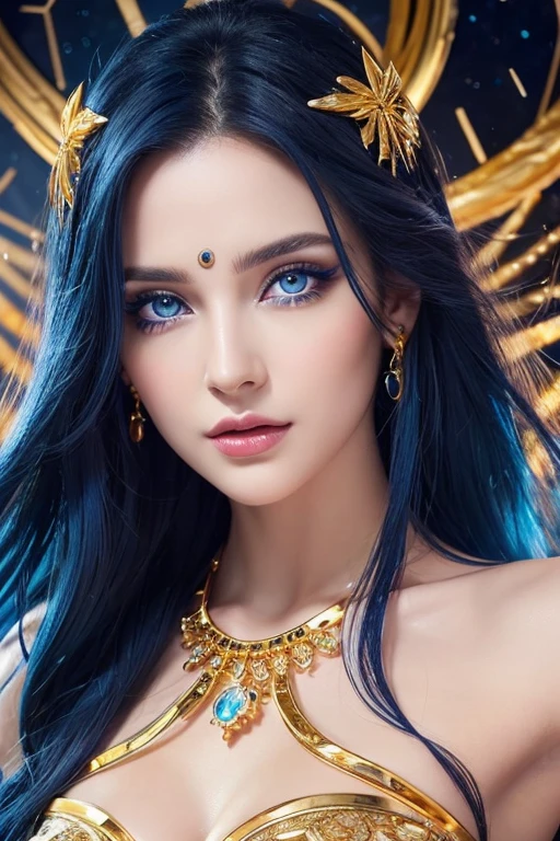 high quality , Super detailed, Watch your hands )Zodiac sign - Scorpio Goddess , Similar to the goodness of Latin . Optimistic, fair, Intelligent face . recklessness, Ruthless, impatient, Overconfident style . Dark blue eyes (Eye details) , Sparkling deep blue hair , Gold transparent dress , In the sea of sparkling gold , whole body , Fire makeup look , Goddess Hera