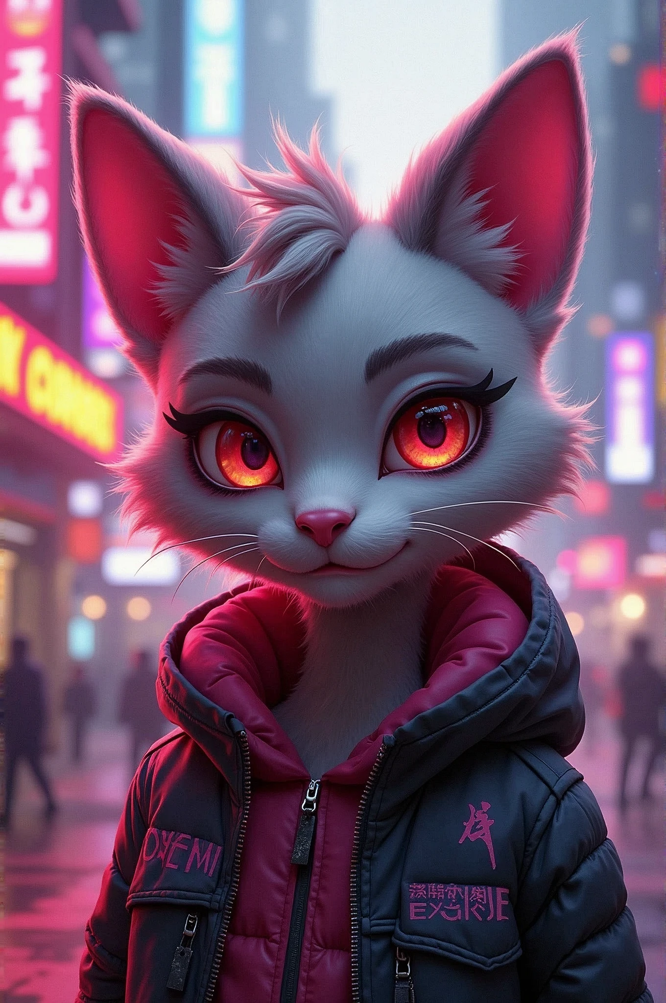 8K, RAW, best quality, masterpiece, ultra high res, colorful, portrait, (medium wide shot), (dynamic perspective), sharp focus , (depth of field, bokeh:1.3), extremely detailed eyes and face, beautiful detailed eyes, 
anthro,furry,(Cyberpunk Art,pink)