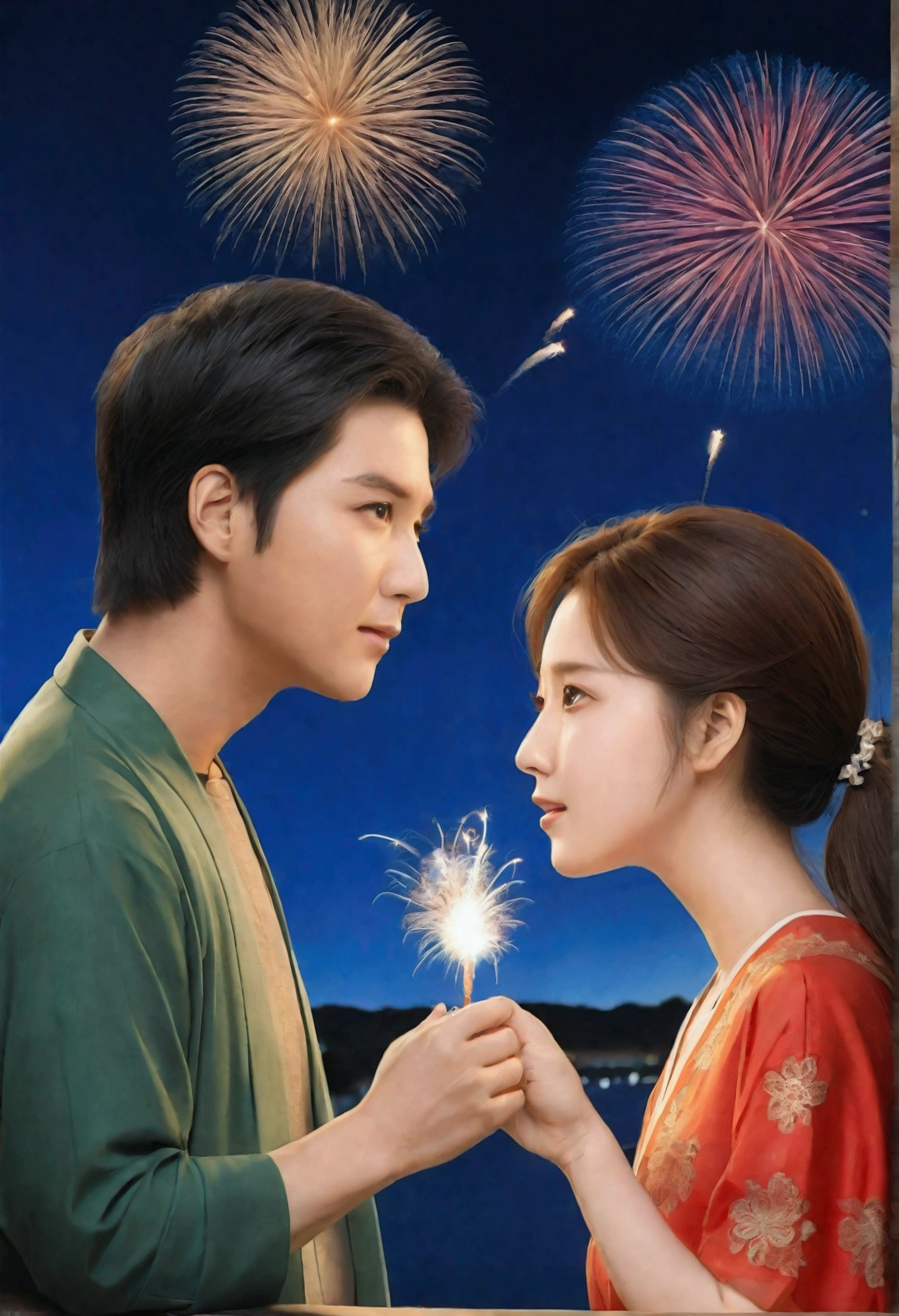 Fireworks display：The light of the fireworks illuminated our faces、The moment the hero approaches the heroine。
Prompt example：
* background：summer night、Fireworks on the riverbank。Roaring sounds and colorful fireworks light up the night sky。
* figure：Two young men。The hero stares at the heroine with a slightly nervous expression.、The heroine has her eyes slightly closed.。
* composition：Two faces close up。The light of the fireworks hit their faces、To make their expressions stand out more。
* atmosphere：sweet、painful、ドキドキするようなatmosphere。