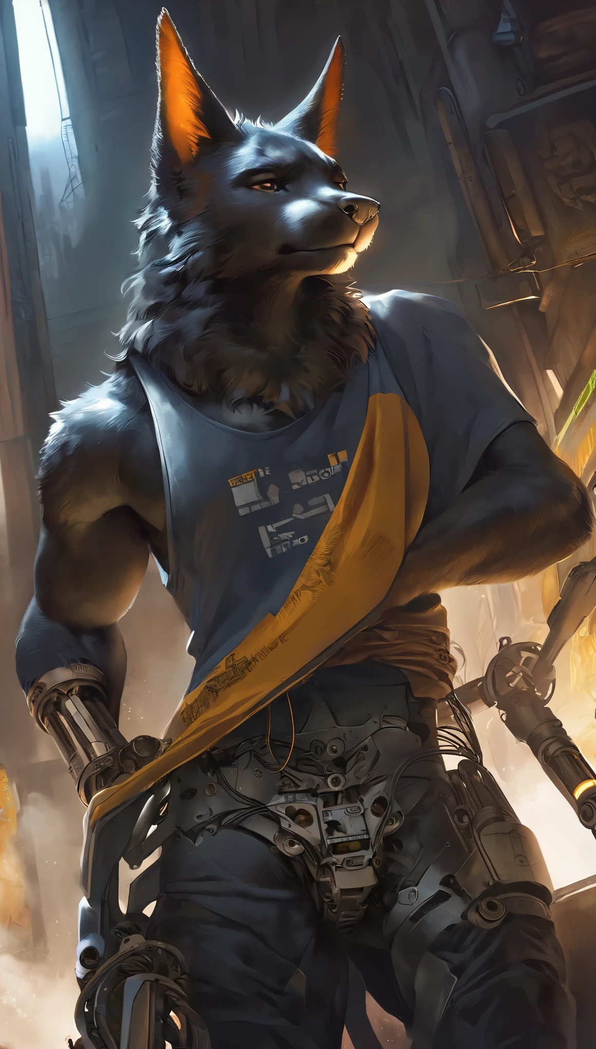 cover page, highres, top quality, best quality, paid reward available, unparalleled masterpiece, perfect artwork, absurdres, High-quality illustrations by Johannes Vermeer, Dark_Fantasy, Cyberpunk, steam punk(super handsome boy, muscular, single, black fur, anubis, kemono)Mechanical marvel, Robotic presence, Cybernetic guardian, robotic arm, wearing a worn-out mech tank top, intricate(steel metal, rusty)(furry anthro:1.7)(Furry body, anubis facial features, anubis body features)elegant, clear focus, shot by greg rutkowski, soft lighting, vibrant colors, masterpiece((street))cowboy shot, dynamic angle,