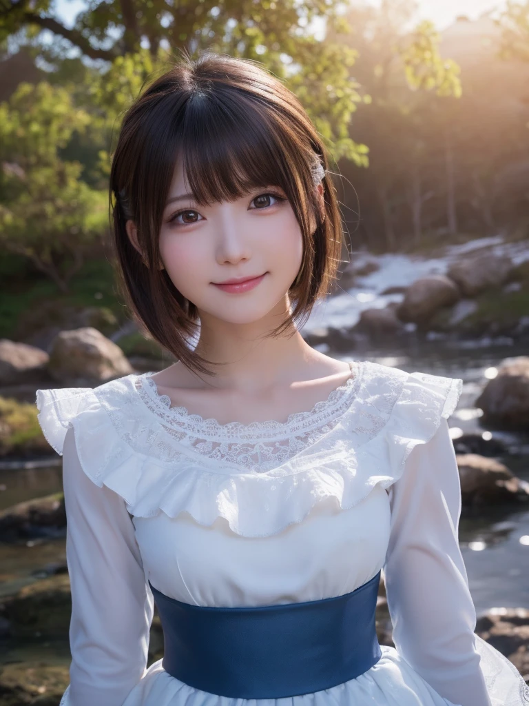 head shot,beautiful detailed eyes, droppy eyes,beautiful detailed lips, extremely detailed eyes and face, long eyelashes, 1japanese girl, fantasy character, (Final Fantasy, yuuna),smile,short hair,elegant white dress,break, blue long skirt,break,magical girl, highly detailed, fantasy landscape, dramatic lighting, glowing effects, mist, intricate details, volumetric lighting, cinematic composition, hyper realistic, 8k, best quality, masterpiece, photorealistic,Highres fix