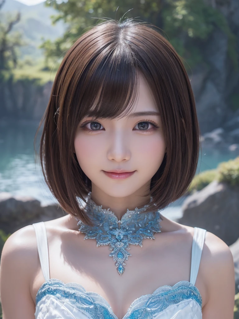 head shot,beautiful detailed eyes, droppy eyes,beautiful detailed lips, extremely detailed eyes and face, long eyelashes, 1japanese girl, fantasy character, (Final Fantasy, yuuna),smile,short hair,elegant white dress,break, blue long skirt,break,magical girl, highly detailed, fantasy landscape, dramatic lighting, glowing effects, mist, intricate details, volumetric lighting, cinematic composition, hyper realistic, 8k, best quality, masterpiece, photorealistic,Highres fix