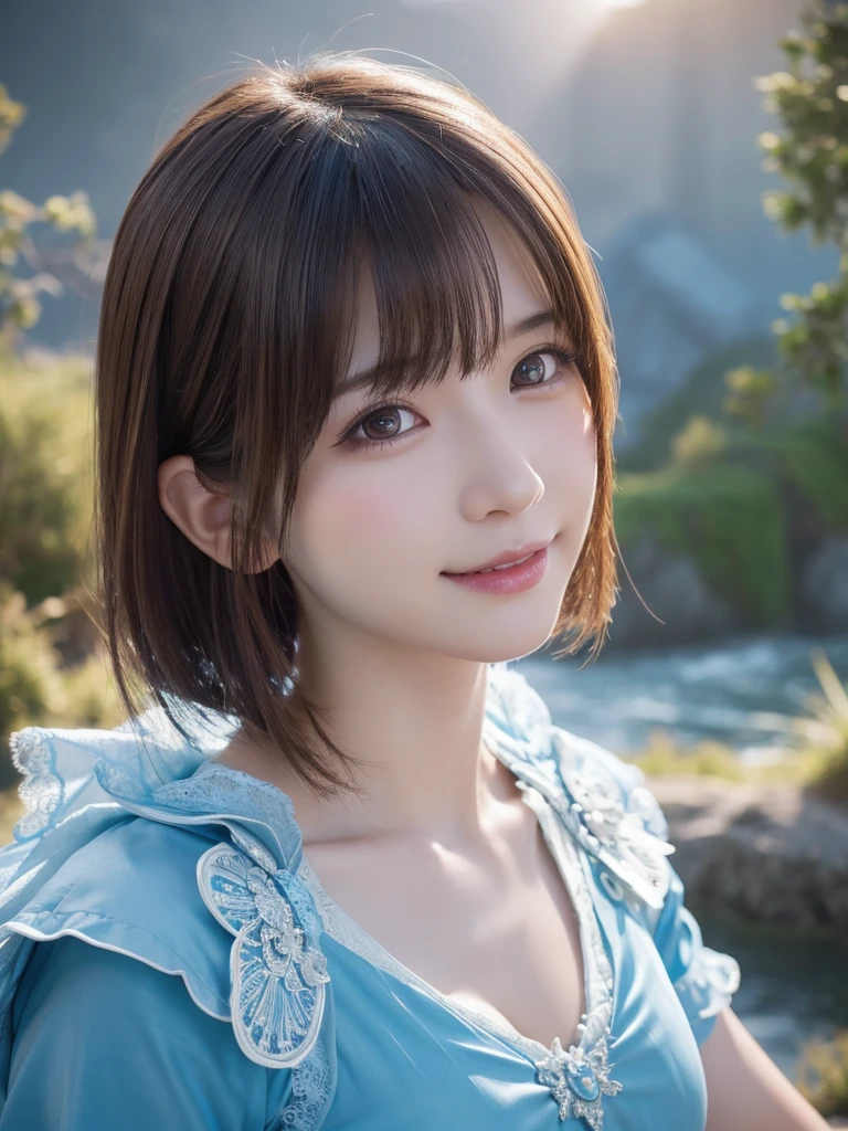 head shot,beautiful detailed eyes, droppy eyes,beautiful detailed lips, extremely detailed eyes and face, long eyelashes, 1japanese girl, fantasy character, (Final Fantasy, yuuna),smile,short hair,elegant white dress,break, blue long skirt,break,magical girl, highly detailed, fantasy landscape, dramatic lighting, glowing effects, mist, intricate details, volumetric lighting, cinematic composition, hyper realistic, 8k, best quality, masterpiece, photorealistic,Highres fix