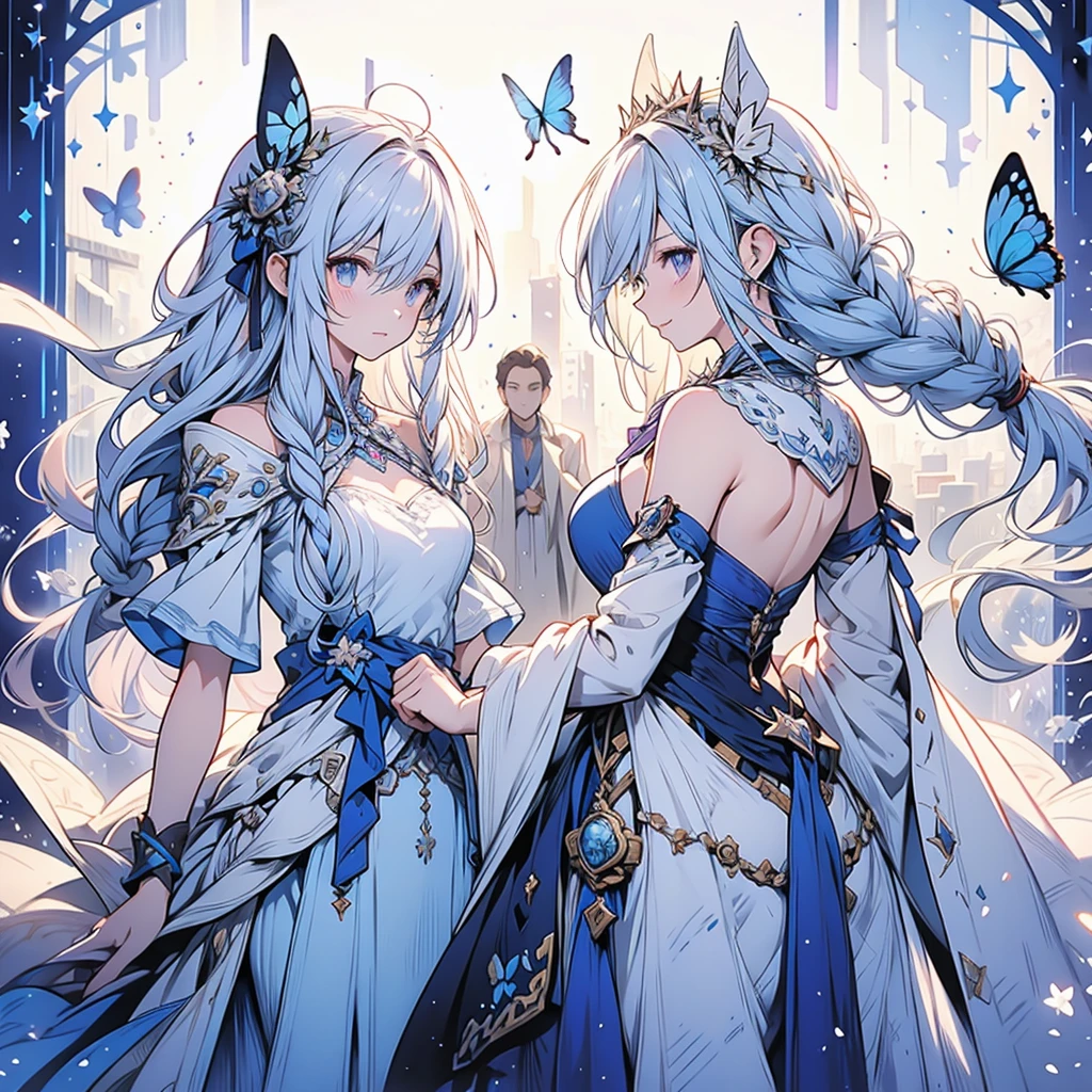 Digital illustration featuring an anime-style character with light blue hair and purple eyes. The character is dressed in a white and blue outfit with butterfly motifs, including a headpiece adorned with a butterfly. The background is a mix of dark and light shades with a butterfly design on the left side. The character is holding a glowing blue butterfly in their right hand. The overall style is fantasy-themed with a focus on ethereal and delicate elements. Cold personality. discreetly. headscarf