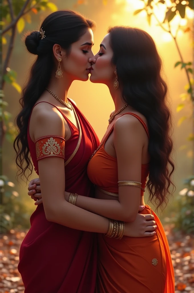 A beautiful curvy indian girl with big breasts (wearing saree), hyper realistic, (curvy). She is kissing a boy