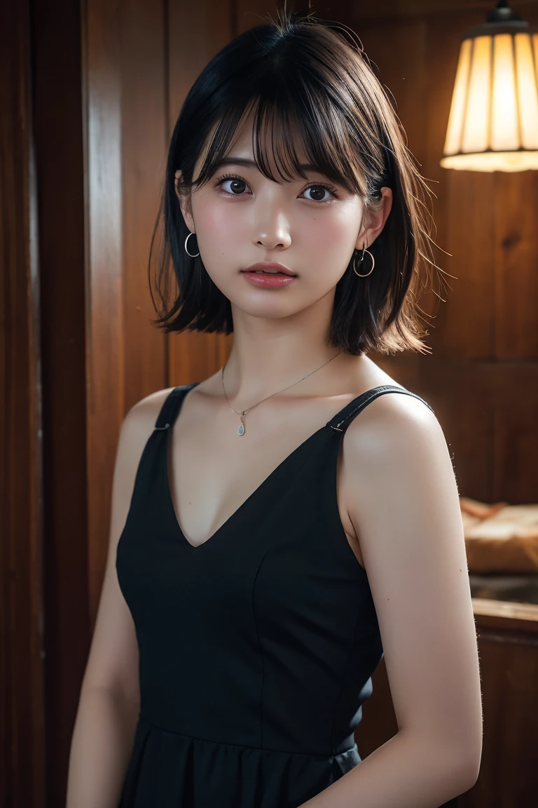 (Highest quality:1.4),(masterpiece:1.4),(Realistic:1.4),(Realistic:1.2),(超High resolution, RAW Photos:1.4),(High resolution, Ultra-detailed:1.2),(8k:1.2),View your viewers,Cinematic photography,One girl,skeletally correct,Black-haired woman,Woman in her early 20s,(Small earrings,neckレス,Black dress,Vneck,No sleeve),(Western-style building interior,Dimly lit room,The lamplight shines on my cheeks)