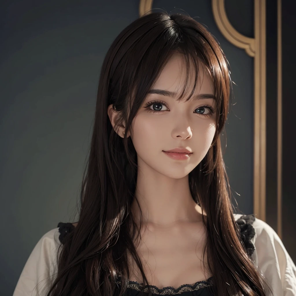 (Ultra Realistic), (Illustration), (Increased Resolution), (8K), (Extremely Detailed), (Best Illustration), (Beautiful and Detailed Eyes), (Best Quality), (Ultra Detailed), (Masterpiece ), ( wallpaper), (detailed face), solo, 1 girl, looking at viewer, fine details, detailed face, in the dark, deep shadows, low key, pureerosfaceace_v1, smiling, long hair, black shawl straight hair , 46 points oblique bangs