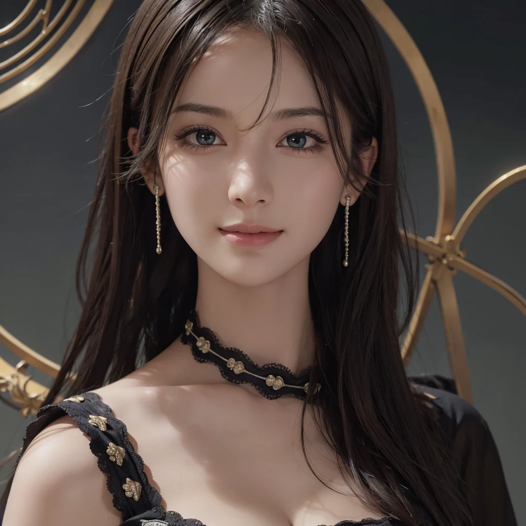 (Ultra Realistic), (Illustration), (Increased Resolution), (8K), (Extremely Detailed), (Best Illustration), (Beautiful and Detailed Eyes), (Best Quality), (Ultra Detailed), (Masterpiece ), ( wallpaper), (detailed face), solo, 1 girl, looking at viewer, fine details, detailed face, in the dark, deep shadows, low key, pureerosfaceace_v1, smiling, long hair, black shawl straight hair , 46 points oblique bangs