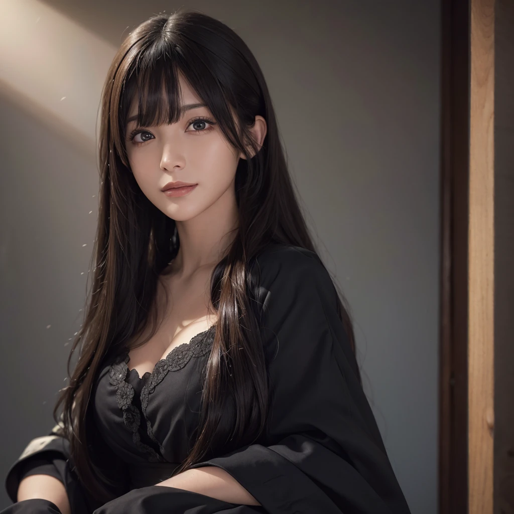 (Ultra Realistic), (Illustration), (Increased Resolution), (8K), (Extremely Detailed), (Best Illustration), (Beautiful and Detailed Eyes), (Best Quality), (Ultra Detailed), (Masterpiece ), ( wallpaper), (detailed face), solo, 1 girl, looking at viewer, fine details, detailed face, in the dark, deep shadows, low key, pureerosfaceace_v1, smiling, long hair, black shawl straight hair , 46 points oblique bangs