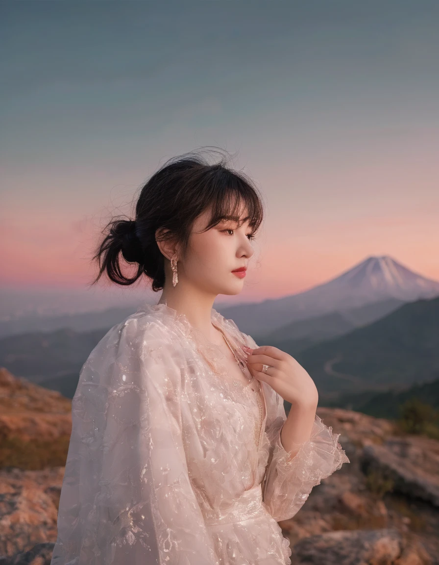 Top Quality, Masterpiece, Super High Resolution, (Actual:1.3), Original Photo, (Nature Photography), (Magnificent mountaintop, Sea of clouds), (Very wide mountain top), (Sunset), (Girl), (Upper body), (Natural Light: 1.0), (Side View: 0.0), (Cowboy Shot: 0.0), (upper body: 1.8), (Close-up: 0.8), Portrait, Cinematic Lighting, Glow, Ray tracing, reflected light, f135mm, UHD, accurate, skin texture, super detail, great detail, high quality, highest quality, 8k, (surrealism: 1.2), BREAK, (Japanese: 1.3), (22 years old: 1.0), (Small breasts: 1.2), (Long, large, slit eyes: 1.8), (Realistic eyes: 1.8), (Height at 160cm: 1.2) , (a little fat), (Transparent white skin: 1.2), (Short curly bright pink hair with bangs: 1.3), (Deep eyeshadow makeup: 1.4), BREAK, (Correct hand: 1.3), (Correct fingertips: 1.2), Sexy pose, (Place hand near cheek: 1.2), BREAK, (Big white headphones: 1.4), (Wearing an orange and white printed strapless dress: 1.3), BREAK,　seagull