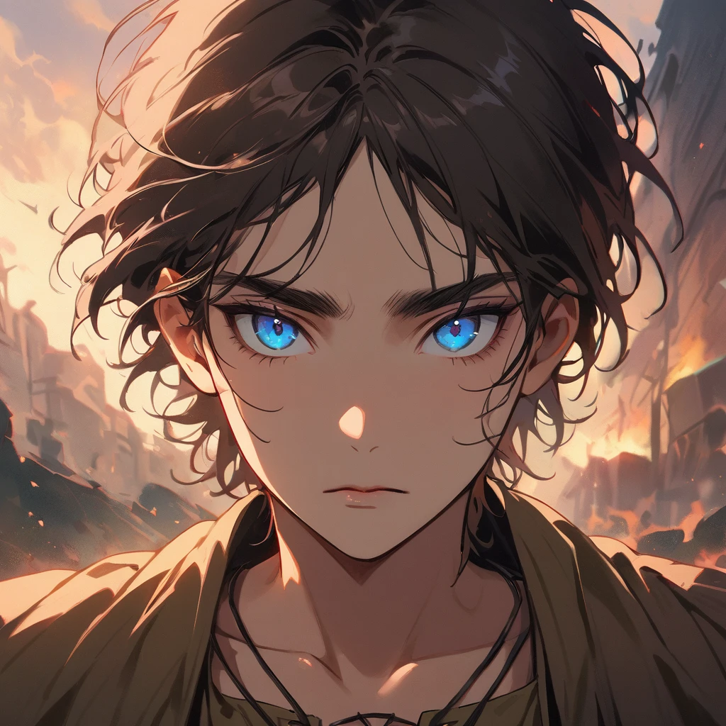 1boy, solo, male focus, eren yeager, portrait, looking at viewer, black hair, blue eyes, serious, closed mouth, brown hair, blurry