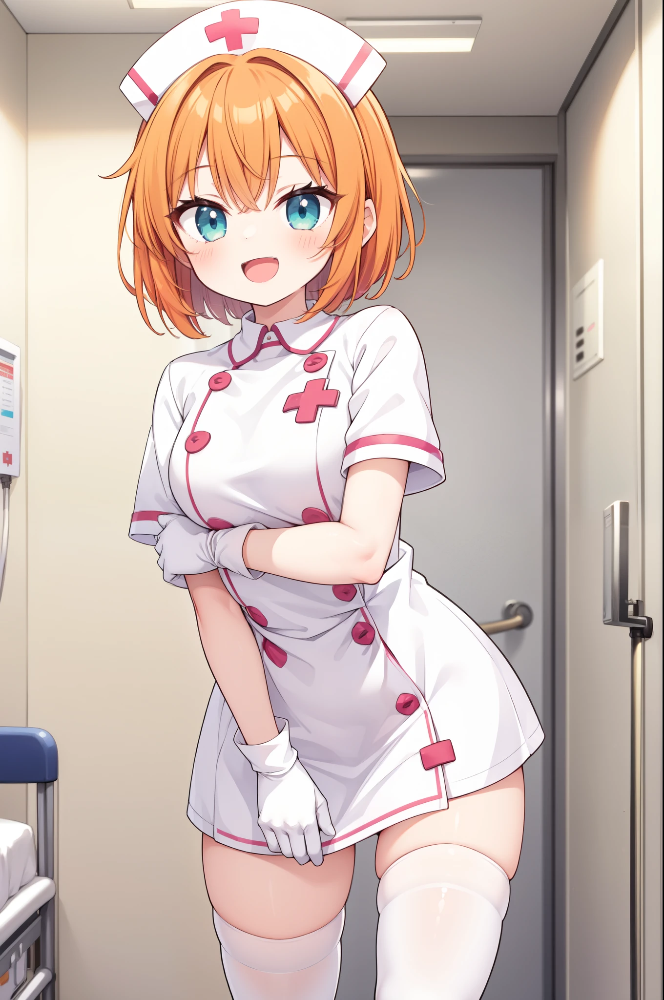 1girl, solo, nurse, nurse cap, white nurse uniform, ((white legwear, zettai ryouiki)), white gloves, very short hair, orange hair, smile, open mouth, standing, ((hospital room)), sharp outline, short sleeves, tomboy, boyish, best quality, masterpiece