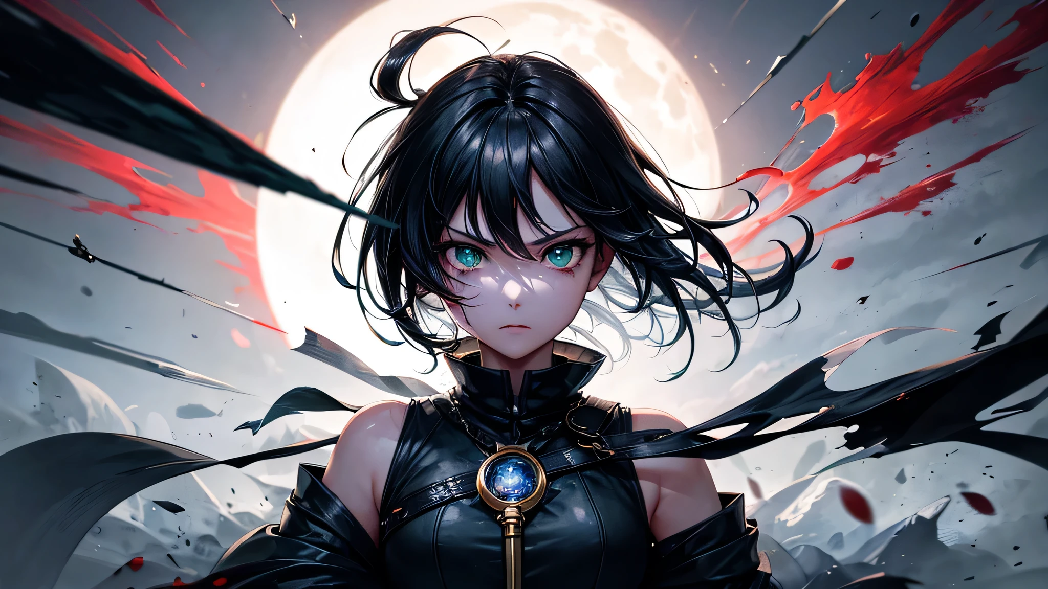 tomboy girl, handsome, short black hair, (masterpiece:1.2、highest quality), (Exquisite eyes: 1.2), (Detailed Background、Dark fantasy), (cute detailed face), High Contrast, (Best lighting、Very delicate and cool), ((Cinema Lighting) )), black coat with white dirty dress, blood splatter, colorful, Hyper Detail, Dramatic Light, Intricate details, serious face, moon behind (20 years old, 1 girl, solo, black short hair, messy hair, pony in left ,Sharp Face, green eyes, pony hair between the eyes, Dynamic Angle), (Blood splatter:1.4), Black light swirling around the character, Depth of written boundary, green light particles, Nightcore, black magician, Spectacular anime style, zerochan art, Anime Wallpaper, Burning, High quality anime art style, Key Anime Art