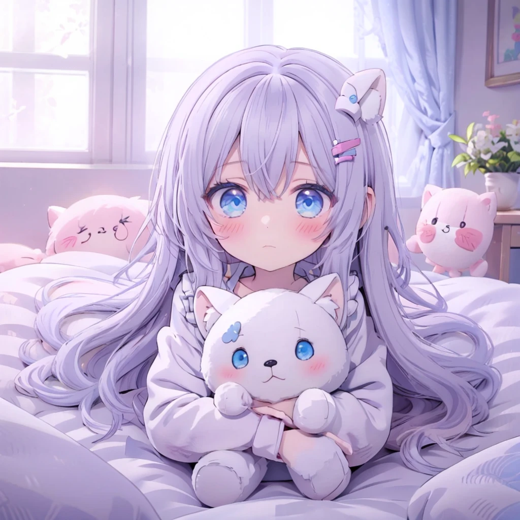 solo,, masterpiece, best quality, extremely detailed, (illustration, official art:1.1), 1 girl ,(((( light blue long hair)))), ,(((( light blue long hair)))),light blue hair, , long hair ((blush)) , cute face, big eyes,One girl, fluffy、Loose、A heartwarming world、masterpiece, Highest quality,Super detailed, One girl, From above,Little,,Sleep,,Animal costumes,Sleeping on the bed、pastel colour、cute、