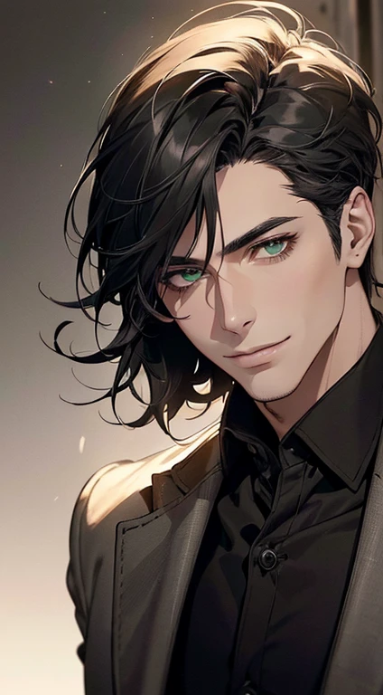 ((a mature man, very handsome, smile in love, short grey black hair, green eyes, perfect face without errors)), ((buttoning the jacket, CEO)), (best quality, masterpiece, 8K, photorealistic, cinematic lighting, hdr image, ultra detailed, beautiful image), (portrait, detailed facial features, intricate textures, realistic skin tones, highly detailed, ultra-realistic), (warm lighting, soft shadows, dramatic lighting), (muted color palette, rich tones), (professional photography, high resolution, studio lighting)