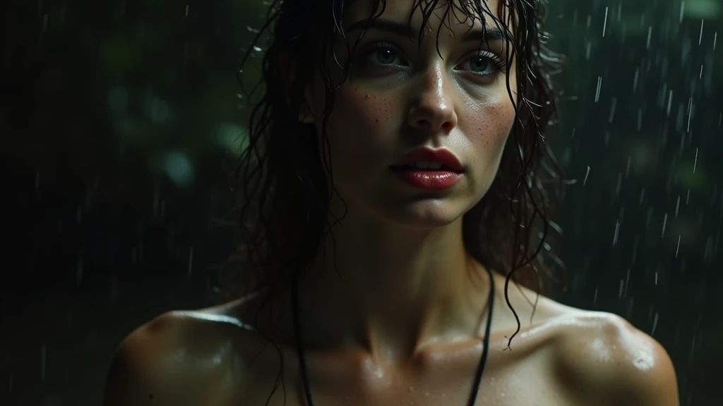 a hot lady, bare shoulder, sweaty skin droplets, shoulder off, red lips, wet hair, medium shot, rainy short dark cinematic, cleavage visible, one shirt strips goes down, trap in a muddy cave, full cinematic shot