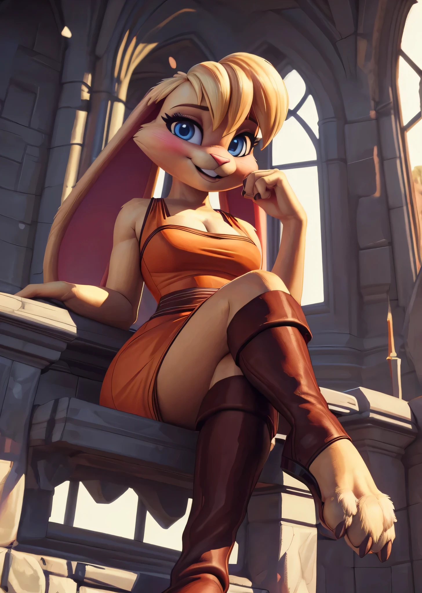 [bianca], [Uploaded to e621.net; (Pixelsketcher), (wamudraws)], ((masterpiece)), ((HD)), ((high res)), ((solo portrait)), ((front view)), ((low angle view)), ((feet visible)), ((mystical)), ((detailed fur)), ((detailed shading)), ((beautiful render art)), {(slim athletic figure), (beige fur), (blonde bang), (long lop rabbit ears), (cute blue eyes), (long eyelashes), (beautiful legs), (beautiful paw feet), (blushing), (cute wide smile)}, {(orange pencil dress), (cleavage), (brown kneehigh stirrup boots)}, {(sitting), (crossed legs), (looking at viewer)}, [ambient lighting, castle, stained glass windows, sun rays]
