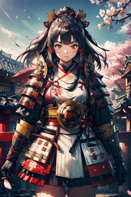 Highest quality, Ultra-high resolution, RAW Photos, Japanese style, kimono, Rin々Shii, japan, Samurai, Blooming cherry blossoms, Feel the wind, (Samurai Armor:1.1), Black Hair Girl