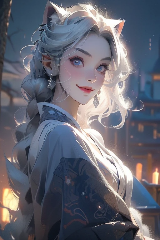 Perfect face. Perfect smile. A young silver hair woman with violet eyes and silver cat ears and a fluffy silver cat tail wearing a Gothic kimono is kissing a tombstone stone in a cemetery at night with a big smile