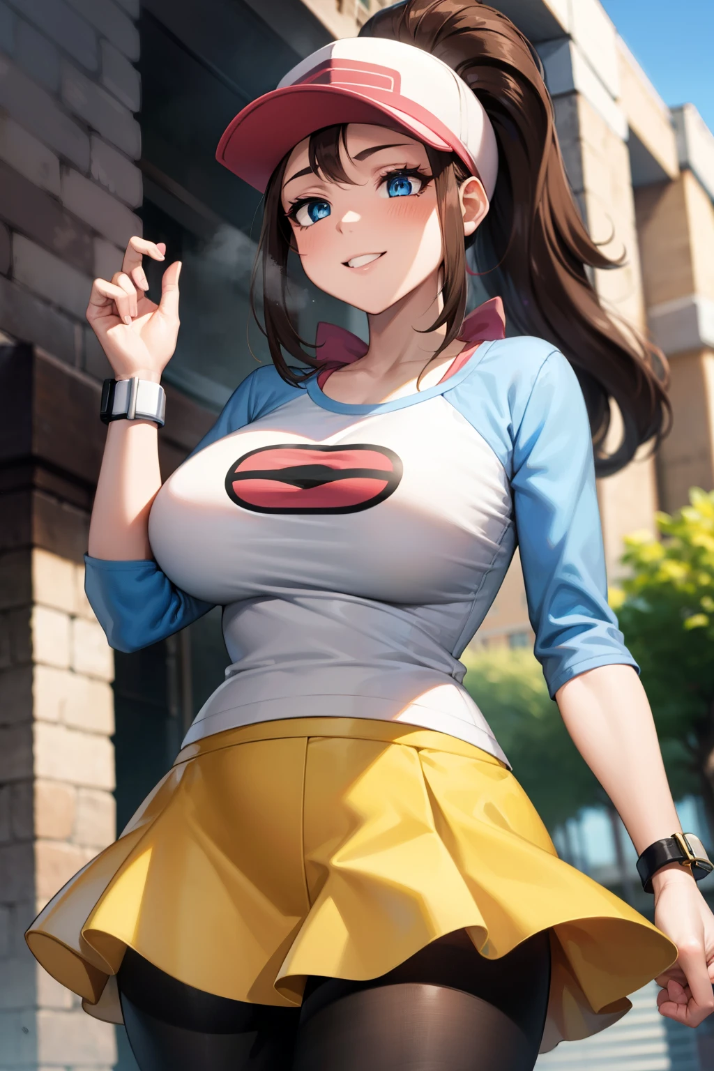 Masterpiece, best quality, girl, hilda, long hair, sidelocks, high ponytail, ponytail, blue eyes, brown hair, baseball cap, raglan sleeves, yellow_microskirt, shirt, pink bow, wristwatch, standing in streets, smile, cowboy shot, collarbone, large breasts, leggings, (lowleg skirt), yellow skirt, skindentation, from below