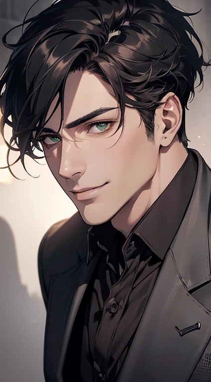 ((a mature man, very handsome, smile in love, short grey black hair, green eyes, perfect face without errors)), ((buttoning the jacket, CEO)), (best quality, masterpiece, 8K, photorealistic, cinematic lighting, hdr image, ultra detailed, beautiful image), (portrait, detailed facial features, intricate textures, realistic skin tones, highly detailed, ultra-realistic), (warm lighting, soft shadows, dramatic lighting), (muted color palette, rich tones), (professional photography, high resolution, studio lighting)