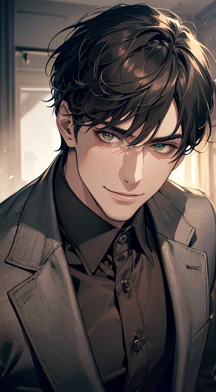 ((a mature man, very handsome, smile in love, short grey black hair, green eyes, perfect face without errors)), ((buttoning the jacket, CEO)), (best quality, masterpiece, 8K, photorealistic, cinematic lighting, hdr image, ultra detailed, beautiful image), (portrait, detailed facial features, intricate textures, realistic skin tones, highly detailed, ultra-realistic), (warm lighting, soft shadows, dramatic lighting), (muted color palette, rich tones), (professional photography, high resolution, studio lighting)
