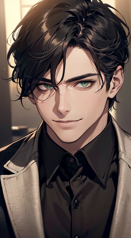((a mature man, very handsome, smile in love, short grey black hair, green eyes, perfect face without errors)), ((buttoning the jacket, CEO)), (best quality, masterpiece, 8K, photorealistic, cinematic lighting, hdr image, ultra detailed, beautiful image), (portrait, detailed facial features, intricate textures, realistic skin tones, highly detailed, ultra-realistic), (warm lighting, soft shadows, dramatic lighting), (muted color palette, rich tones), (professional photography, high resolution, studio lighting)