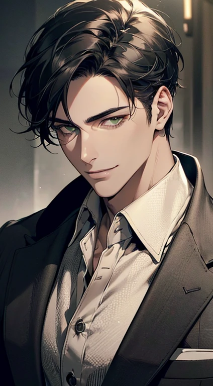 ((a mature man, very handsome, smile in love, short grey black hair, green eyes, perfect face without errors)), ((buttoning the jacket, CEO)), (best quality, masterpiece, 8K, photorealistic, cinematic lighting, hdr image, ultra detailed, beautiful image), (portrait, detailed facial features, intricate textures, realistic skin tones, highly detailed, ultra-realistic), (warm lighting, soft shadows, dramatic lighting), (muted color palette, rich tones), (professional photography, high resolution, studio lighting)