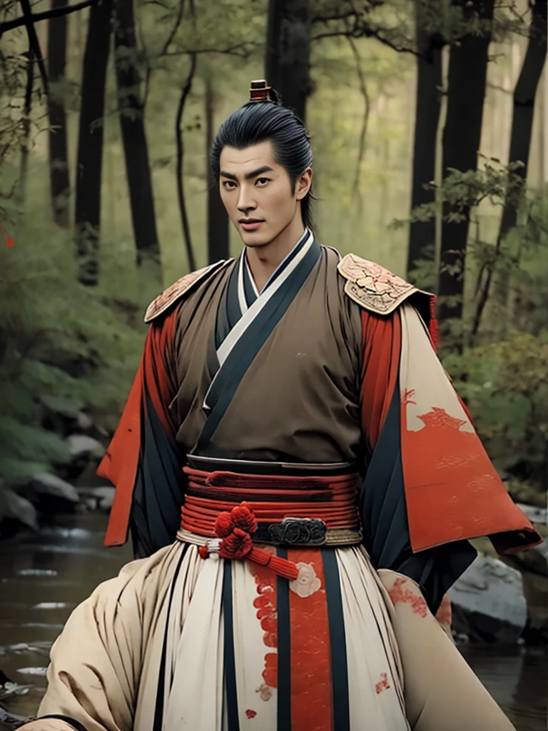 A period Chinese movie actor with his hair in a traditional Chinese style, his hair pulled back, his handsome face proportional, with big eyes, beautiful eyebrows, and a prominent nose standing with a naked body in the forest by a stream on a beautiful sunny day.