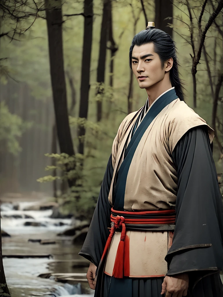 A period Chinese movie actor with his hair in a traditional Chinese style, his hair pulled back, his handsome face proportional, with big eyes, beautiful eyebrows, and a prominent nose standing with a naked body in the forest by a stream on a beautiful sunny day.