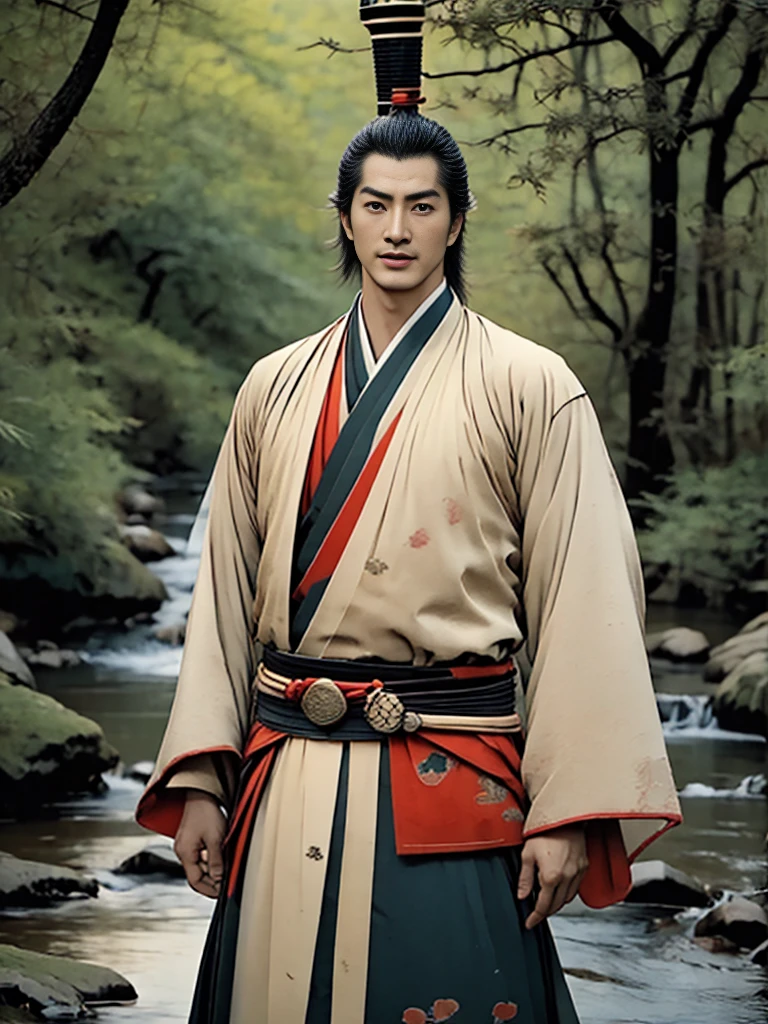 A period Chinese movie actor with his hair in a traditional Chinese style, his hair pulled back, his handsome face proportional, with big eyes, beautiful eyebrows, and a prominent nose standing with a naked body in the forest by a stream on a beautiful sunny day.