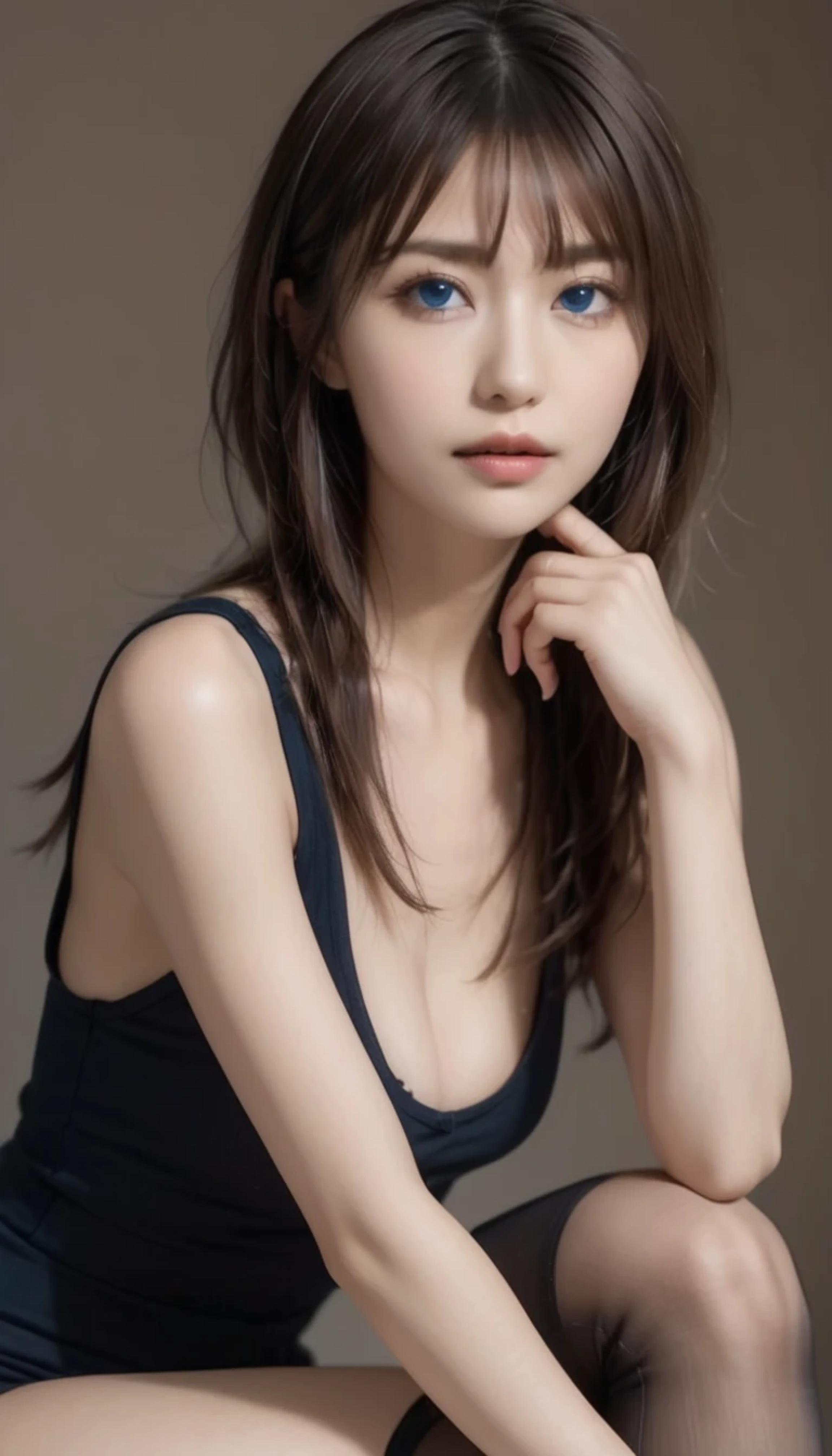 (Sitting in black chair:1.8),in the Luxurious room,(Light brown  knee-high stockings:1.6),((from below)),(Beautiful waist:1.6),(Wrinkle-free waist:1.4),(five fingers including the ones the photographer can't see:1.6), (Keeping your five fingers in mind:1.6), (anatomically correct hand:1.4), kur1, 1girl, solo, alone, solo,(ultra-highest definition, masterpiece, ultra-highest quality:1.4), (ultra-highest resolution,  8K  UHD:1.4),(Hyper-realistic, Photo-realistic:2), (Supermodel body:1.6),looking at viewer,((Photograph the entire head)),(Firm skin:1.6),((Natural skin, smooth skin, fine skin)), ((Big eyes)), (Big eyeballs) ,(toned body, chiseled body:1.4), 