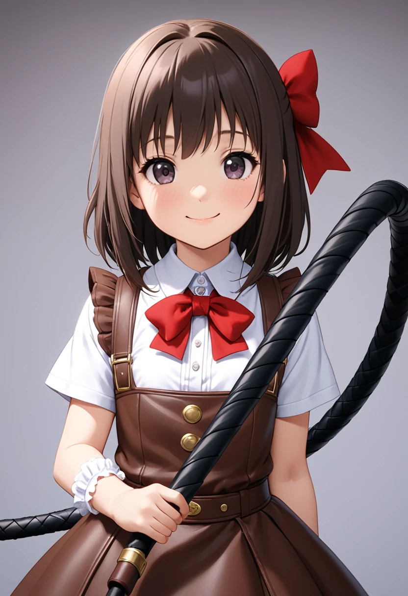 (((Pixel Perfect,Perfect in every detail))), A girl around 15 years old,smile,Cute Costumes,NSWF,A cute leather whip，whip，cinematic，whipを手に持っている，