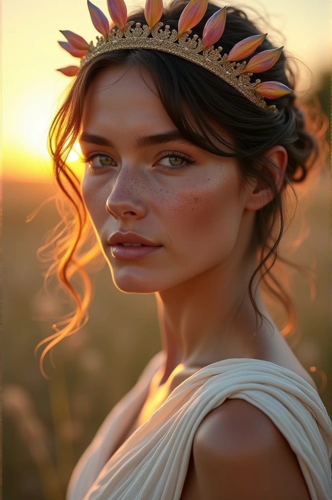 ((work of art, 8k, best qualityer, high resolution:1.3)), (a Greek god , stray hair:1.2), (his eyes are very light green:1.2), (his face is perfect with masculine features :1.2), (he has thick eyebrows:1.2), (freckles are scattered across her face:1.2), (he is wearing a beautiful white dress from Ancient Greece:1.2), (On his head there is a beautiful tiara made of several colored rays:1.2), (the image captures from the waist up:1.2), (her body is perfect and slender:1.2), (He is smiling for the photo:1.4), (bokeh effect in photo:1.2), (Vignette effect:1.2), (Canon EOS 5DS R Camera, perfect for capturing the details and beauty of the scene:1.2), (paired with the Canon EF 85mm f/1.Lente 4L IS USM:1.2), (The scene is bathed in soft, warm sunset light:1.2), (her confident and graceful pose showing her natural elegance:1.2), (A moment frozen in time, capturing the essence of Greek beauty and serenity:1.3), (ultra photoreal, highlighting its characteristics and the idyllic beach setting:1.3), (an image that transports the viewer to a captivating and romantic moment:1.2), (a scene that exemplifies the beauty of the human form in a timeless setting:1.2), (((SFW))), cinematic, 超detailded, insane details, beautifully color-graded, cinematic lightning, Insanely detailed and intricate, Hyper maximalist, Volumetric, full color, HDR, Shallow depth of field, high budget Hollywood movie, cinemascope, temperamental, epic, marvelous