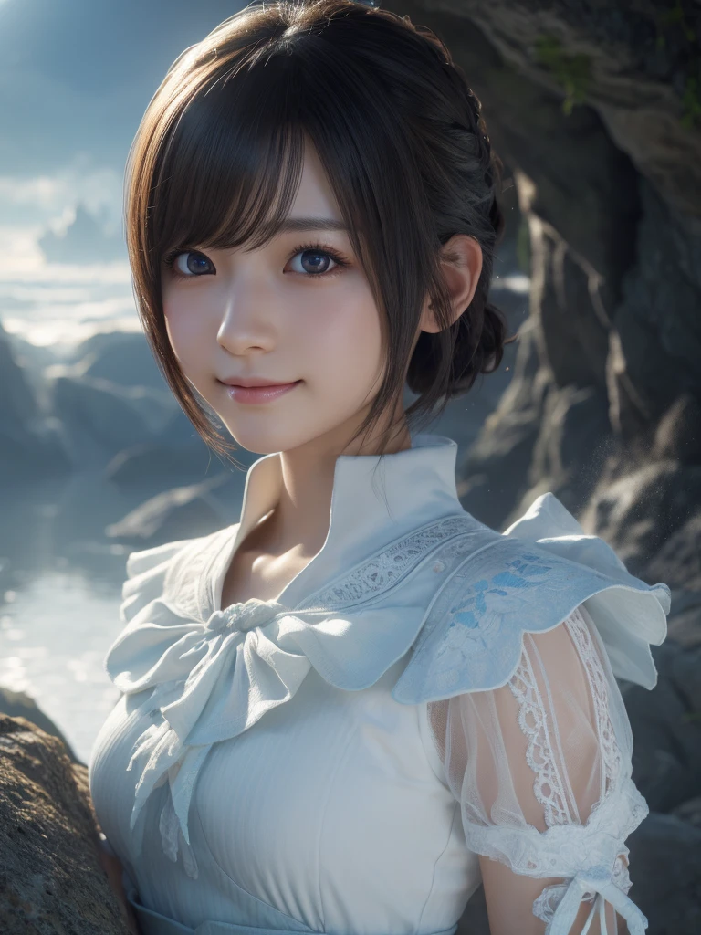 head shot,beautiful detailed eyes, droppy eyes,beautiful detailed lips, extremely detailed eyes and face, long eyelashes, 1japanese girl, fantasy character, (Final Fantasy, yuuna),smile,short hair,elegant white dress,break, blue long skirt,break,magical girl, highly detailed, fantasy landscape, dramatic lighting, glowing effects, mist, intricate details, volumetric lighting, cinematic composition, hyper realistic, 8k, best quality, masterpiece, photorealistic,Highres fix