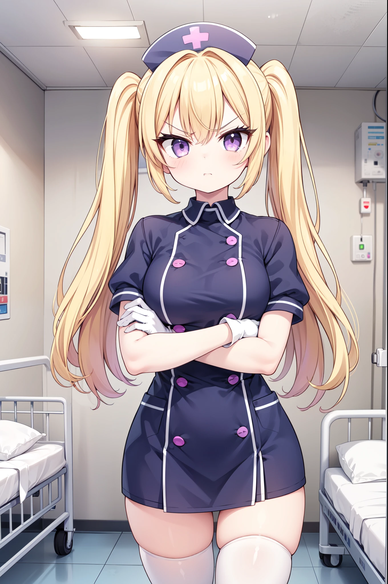 1girl, solo, nurse, nurse cap, white nurse uniform, ((white legwear, zettai ryouiki)), white gloves, twintails, yellow hair, purple eyes, angry, crossed arms, standing, ((hospital room)), sharp outline, short sleeves, best quality, masterpiece