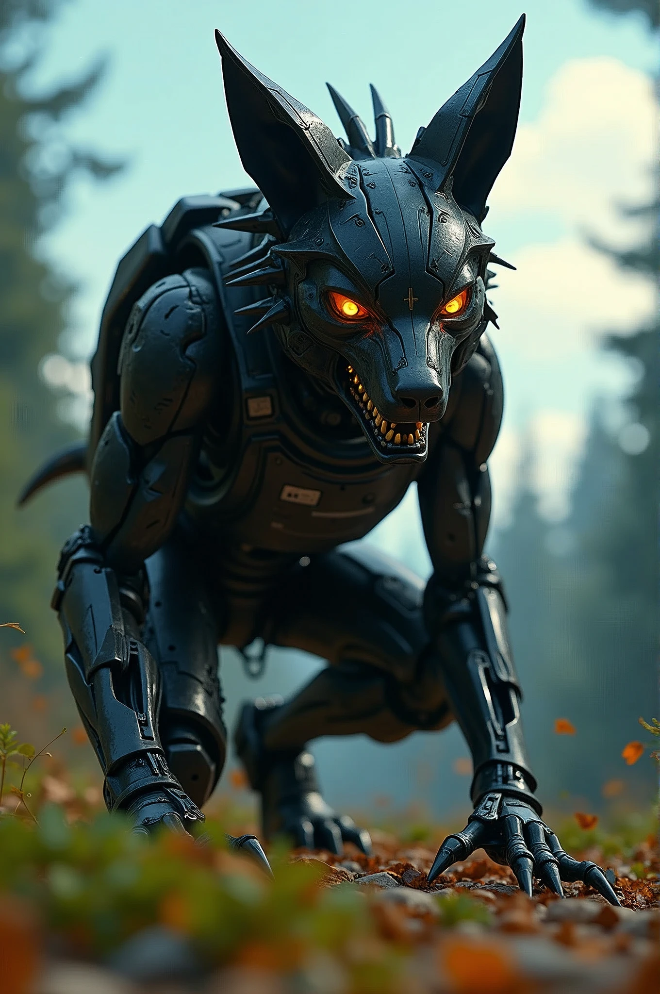 8K, RAW, best quality, masterpiece, ultra high res, colorful, portrait, (medium wide shot), (dynamic perspective), sharp focus , (depth of field, bokeh:1.3), extremely detailed eyes and face, beautiful detailed eyes, 
blocky angular mechanical robotic jackal head and breasts, black body, sharp glowing orange eyes, looking at viewer, full body portrait, kneeling, mechanical clawhands, ((wearing bulletproof vest and digital_camouflage)), tilting head towards viewer, side view, pitching chin up, slight open mouth, metallic sheen, forest background, blue sky,