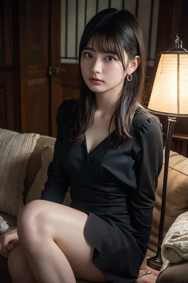 (Highest quality:1.4)，(masterpiece:1.4)，(Realistic:1.4)，(Realistic:1.2)，(超High resolution， RAW Photos:1.4)，(High resolution， Ultra-detailed:1.2)，(8k:1.2)，View your viewers，Cinematic photography，One girl，skeletally correct，Black-haired woman，Woman in her early 20s，(Small earrings，neckレス，Black dress，Ｖneck，No sleeve)，（Western-style building interior，Dimly lit room，The lamplight shines on my cheeks，Sit on the sofa）