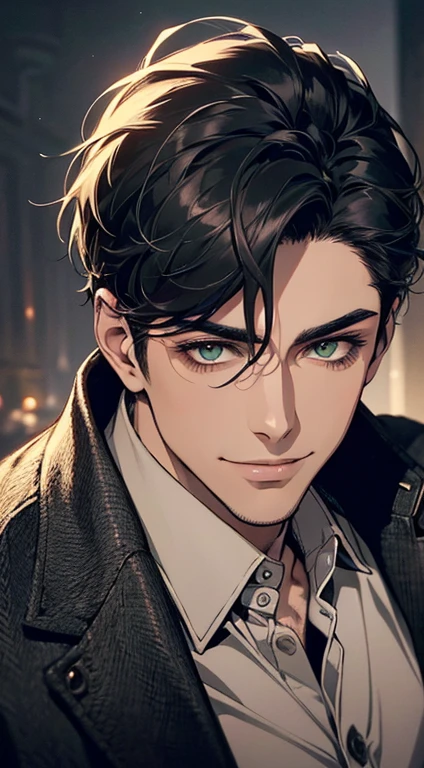 ((a mature man, very handsome, smile in love, short grey black hair, green eyes, perfect face without errors)), ((buttoning the jacket, CEO)), (best quality, masterpiece, 8K, photorealistic, cinematic lighting, hdr image, ultra detailed, beautiful image), (portrait, detailed facial features, intricate textures, realistic skin tones, highly detailed, ultra-realistic), (warm lighting, soft shadows, dramatic lighting), (muted color palette, rich tones), (professional photography, high resolution, studio lighting)