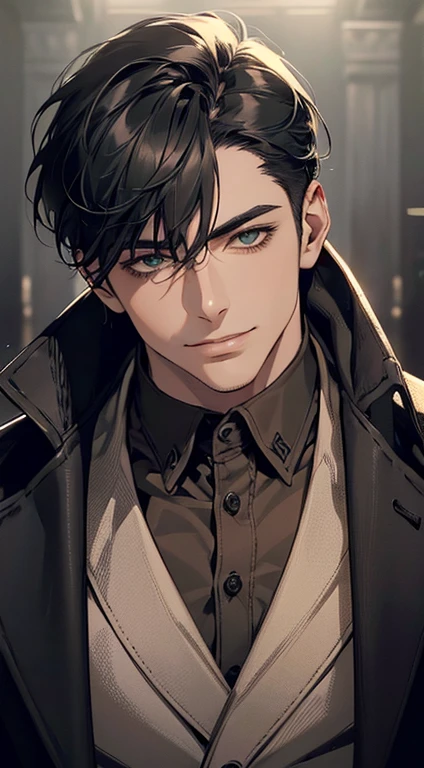 ((a mature man, very handsome, smile in love, short grey black hair, green eyes, perfect face without errors)), ((buttoning the jacket, CEO)), (best quality, masterpiece, 8K, photorealistic, cinematic lighting, hdr image, ultra detailed, beautiful image), (portrait, detailed facial features, intricate textures, realistic skin tones, highly detailed, ultra-realistic), (warm lighting, soft shadows, dramatic lighting), (muted color palette, rich tones), (professional photography, high resolution, studio lighting)