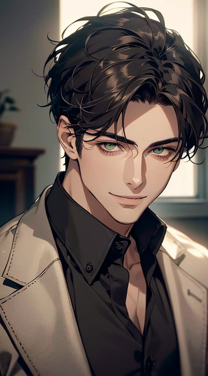 ((a mature man, very handsome, smile in love, short grey black hair, green eyes, perfect face without errors)), ((buttoning the jacket, CEO)), (best quality, masterpiece, 8K, photorealistic, cinematic lighting, hdr image, ultra detailed, beautiful image), (portrait, detailed facial features, intricate textures, realistic skin tones, highly detailed, ultra-realistic), (warm lighting, soft shadows, dramatic lighting), (muted color palette, rich tones), (professional photography, high resolution, studio lighting)