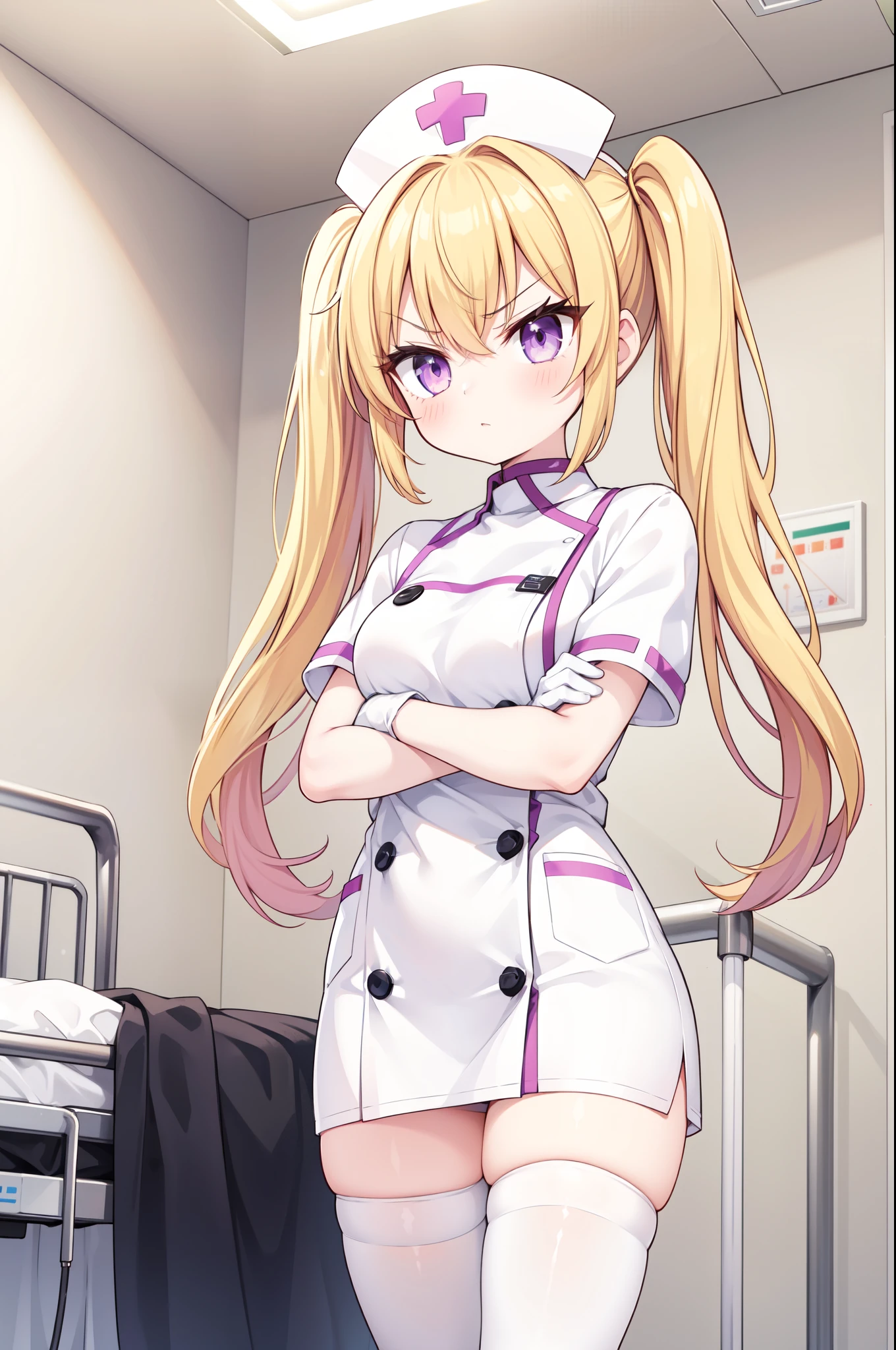 1girl, solo, nurse, nurse cap, white nurse uniform, ((white legwear, zettai ryouiki)), white gloves, twintails, yellow hair, purple eyes, angry, crossed arms, standing, ((hospital room)), sharp outline, short sleeves, best quality, masterpiece