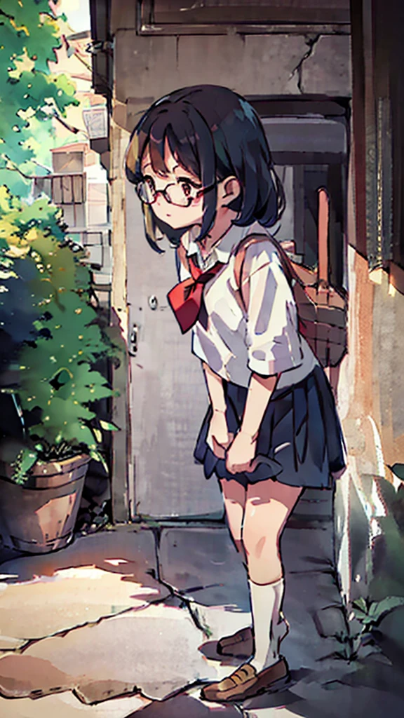 Nsfw、masterpiece, high quality, 4K, HDR,, Stable Diffusion prompt:  schoolgirl with short、brown hair and red-framed glasses, wearing a white blouse and navy skirt, white panties visible, navy socks and brown loafers, in a state of arousal and trembling with sexual climax,simple illustration style, in a nichijou (everyday life) setting
