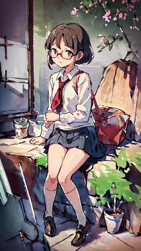 Nsfw、masterpiece, high quality, 4K, HDR,, Stable Diffusion prompt:  girl with short、brown hair and red-framed glasses, wearing a white blouse and navy skirt, white panties visible, navy socks and brown loafers, in a state of arousal and trembling with sexual climax,simple illustration style, in a nichijou (everyday life) setting