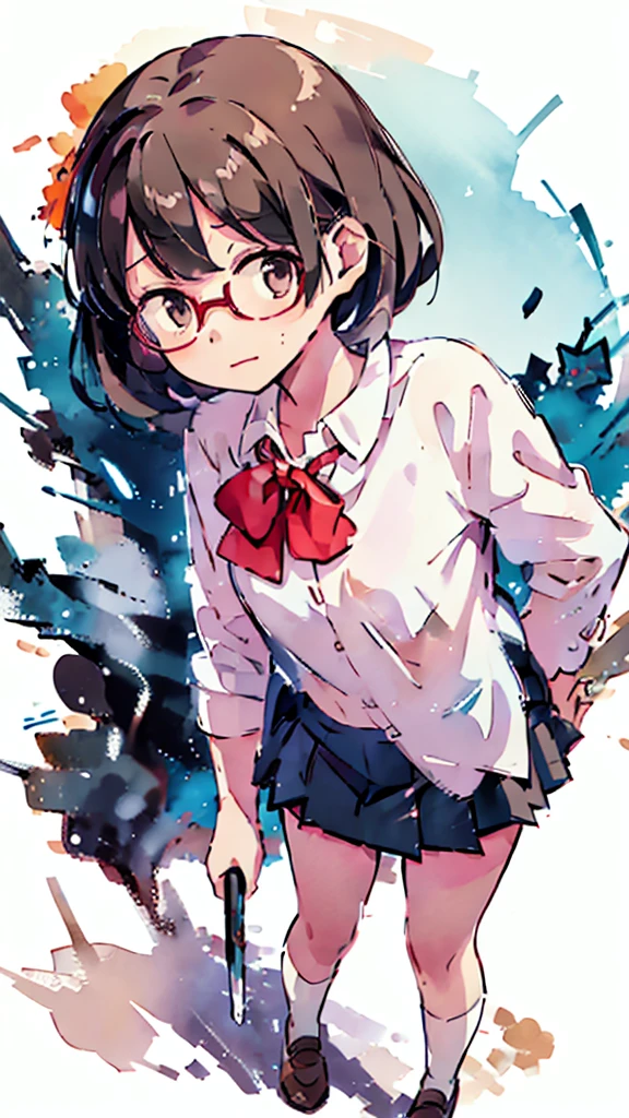Nsfw、masterpiece, high quality, 4K, HDR,, Stable Diffusion prompt: schoolgirl with short、brown hair and red-framed glasses, wearing a white blouse and navy skirt, white panties visible, navy socks and brown loafers, in a state of arousal and trembling with sexual climax,simple illustration style, in a nichijou (everyday life) setting
