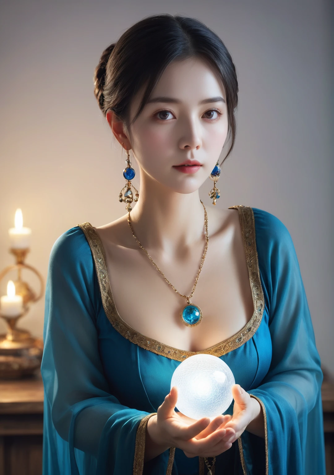 Female fortune teller. Body and face orientation: front. Charm, Beautiful and mysterious. She is wearing a blue cape、Have a clear face. The atmosphere is bright and sparkling, Filled with anxiety and anticipation. A fortune teller is standing. He has a crystal ball in his right hand. The lighting in the room is bright, Create a fantastic atmosphere. Best image quality, 4K or 8K resolution. Extremely detailed and realistic, Almost photorealistic. Artistic style is、It should reflect the formula's aesthetic with bright colors and strong contrast。. The color palette should emphasize the mysterious and mystical theme of the piece.. The fortune teller's cloak is decorated with metal trim and intricate designs.、The thickness ratio is 1.5. The overall atmosphere is starry and magical.. The fortune teller's facial expression should arouse mystical interest..